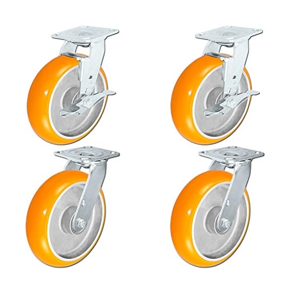 8"x2" Non-Marking Orange Tread Polyurethane Casters, 4 Swi